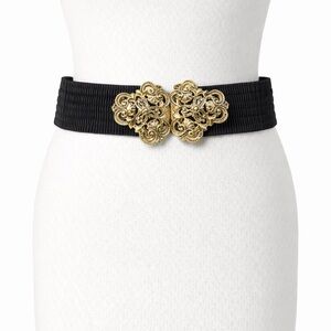 Vintage 80s Blondies NY Black Elastic Cinch Belt Gold Filigree Buckle M/L
